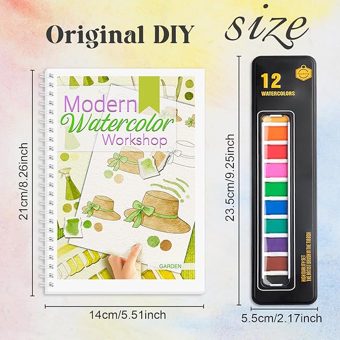 2Pcs Watercolor Workbook with Step by Step for Beginner, Beginner-Friendly Water Coloring Book with 12 Colors Paint, Watercolor Paper, Beginner Watercolor Painting Kit, Watercolor Coloring Book