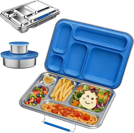 Stainless Steel Bento Box for Adults, 31.6 oz Leakproof 5-Compartment Metal Lunch Box with 2 Sauce Containers, BPA-Free Food Container for Work Office Picnic, Dishwasher Safe Blue