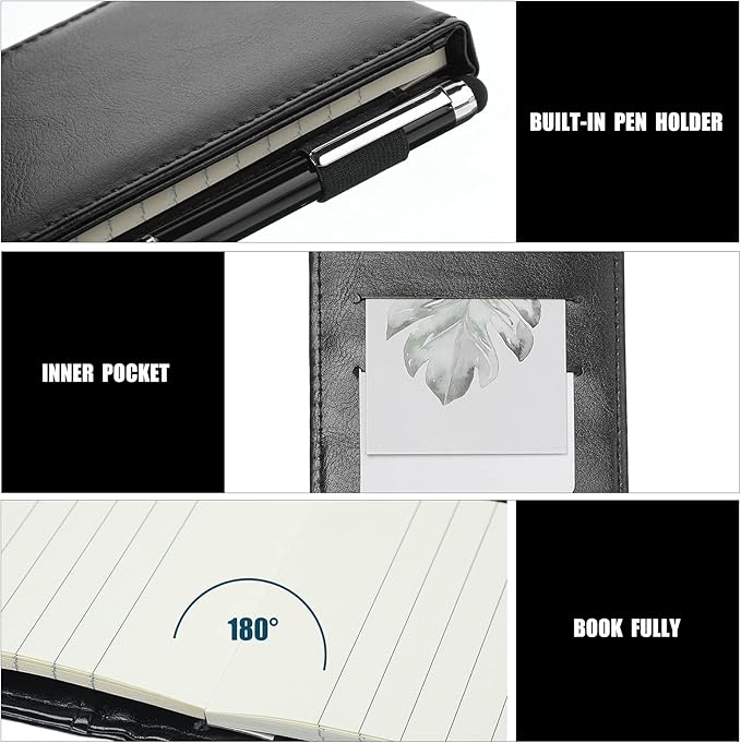 Outus 10 Pcs Mini Pocket Notepad Holder Set Included Small Leather Pocket Notebook Holder with 50 Lined Sheets, Metal Pen, 8 Pcs 3 x 5 Inch Memo Book Refills, 30 Lined Paper Per Note Pad (Black)