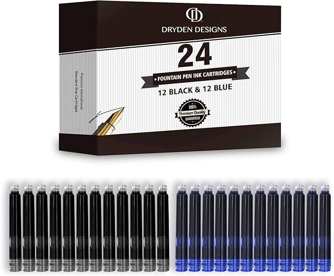 Dryden Designs Ink Cartridges for Fountain Pen | Set of 24 (12 Black & 12 Blue) - Short International Standard Size - Disposable and Generic Ink Refill Cartridges - Perfect for Calligraphy