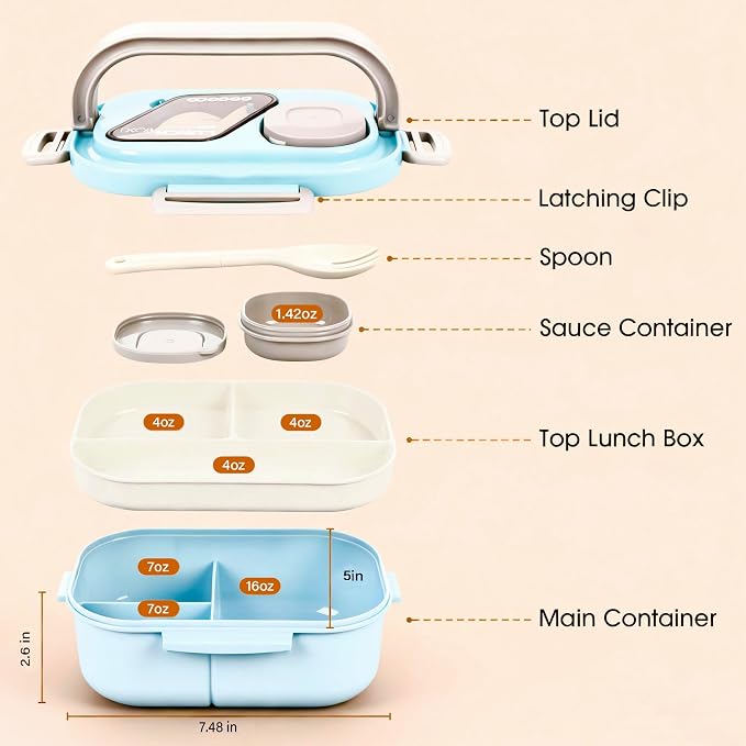 PEDECO Blue Bento Box with Bag, 2-Tier Stackable with Utensils & Sauce Box | 3 compartments prevent food mixing,Portable sauce pod included,Microwave safe,BPA-free, for adults, kid, work, travel,pinic