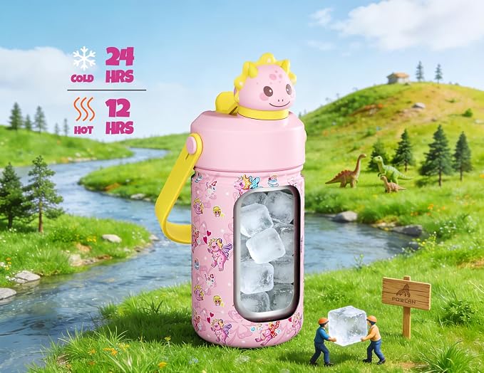 POWCAN 12 oz Kids Water Bottle: 2-in-1 Straw Spout Lid with Soft Animal Head, Leakproof, Backpack Friendly, Keep Cold 24H, Cute Patterns, Insulated Cup for School, Playtime, Trip, Gift (Lovely Trike)