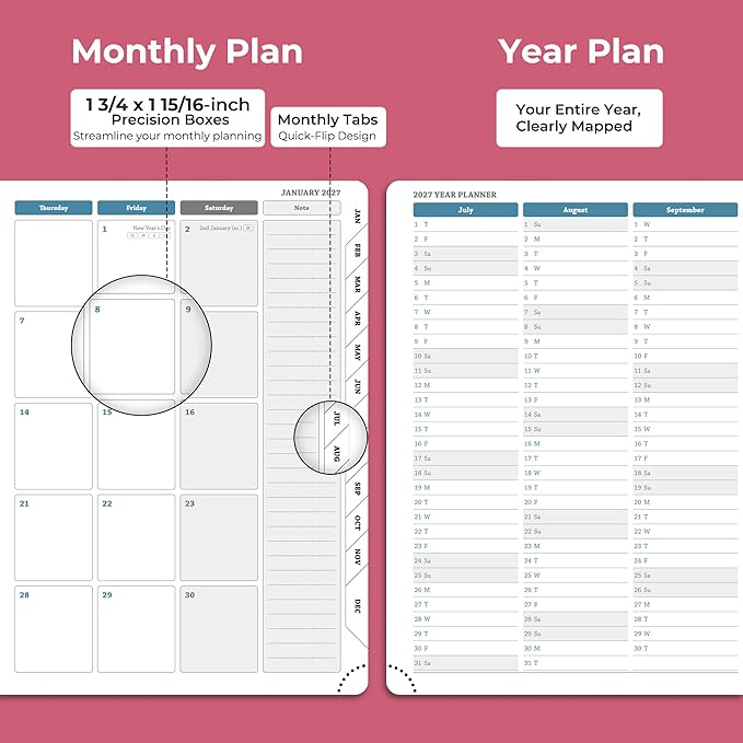 Weekly Monthly 2026-2027 Planner (July 26-Dec 27),11.5"x8.5",18 Months Agenda Plan with Month Tabs & Pocket,Expenses/Note Pages, Academic Calendar with Vegan Leather Cover,Rose Red