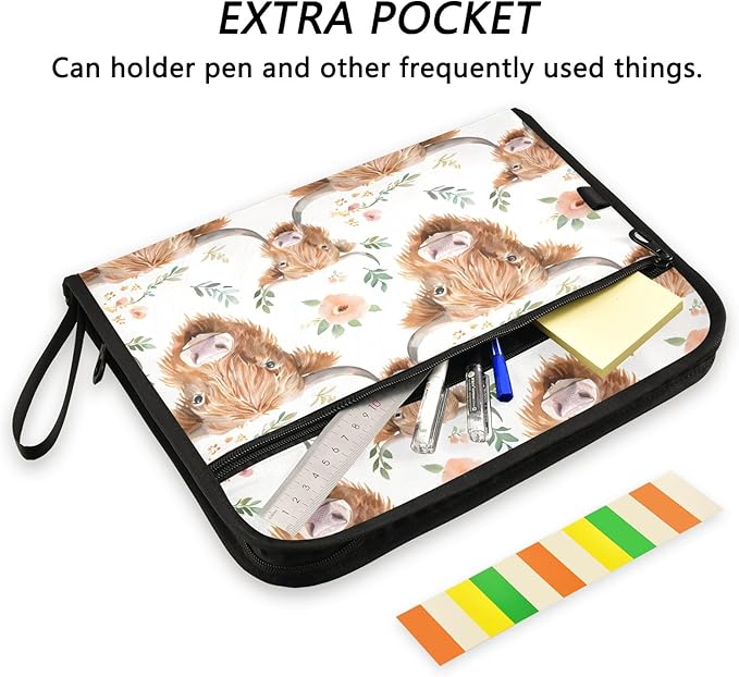 Watercolor Floral Highland Cows Pattern 13 Pocket File Organizer Expanding File Folder with Front Pouch Portable Business File Storage Document Organizer Folder with Zipper