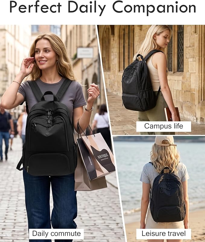 Foldable Backpack for Women, Lightweight Travel Backpack Purse Black | with Luggage Strap, Packable Causal Daypack, Chic Bookbag, Water-Resistant Gym School Backpack for Travel College Daily Use