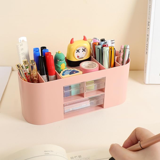 INSTOME Pencil Pen Holder for Desk with 3 Drawers - All-In-One Desk Organizer - Perfect Desk Accessories for Office Use - Stylish & Convenient Desk Organizers and Accessories (Pink)