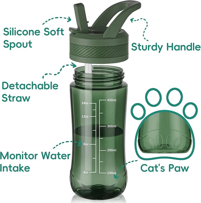 14oz Clear Kids Water Bottle with Straw Lid, BPA-Free Tritan, Measurement Scale, Sturdy Handle Wide Mouth Leak-proof Reusable Plastic Bottle for Boy& Girls, Back to School（Army Green）
