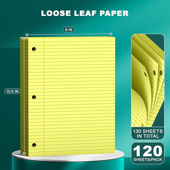 Yellow Note Pads 8 X 10.5 Loose Leaf Paper, 120Sheets, 3 Hole Punched Lined Paper, College Ruled 8 X 10.5 Notebooks, 10-1/2" X 8 Binder Writing Pads, Filler Paper for Office, School Supplies