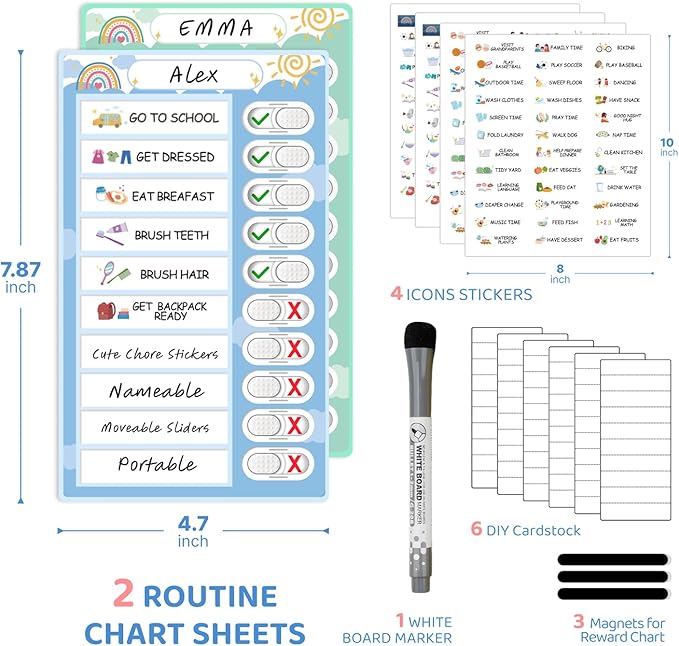 2 in 1 Namable Chore Chart for Kids, Dry Erase Morning/Bedtime Routine Chart for Kids for Refrigerator, Magnetic Visual Schedule for Kids Toddlers to Do List Checklist for Multiple Kids