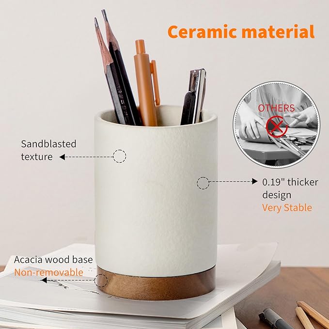 Pen Holder for Desk, Ceramic Pencil Organizer & Makeup Brush Holder, Office Decor and Desk Accessories，Perfect Office Organization,Teacher Supplies(White, Set / 2)