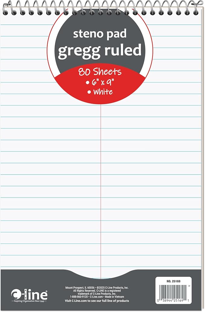 C-Line 6" x 9" White Gregg Ruled Steno Pad, 80 sheets (25169)