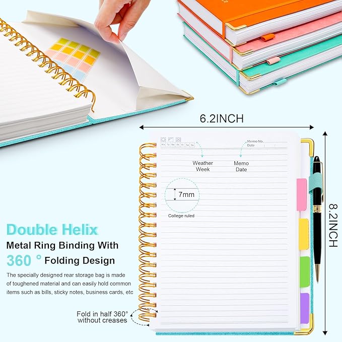 Hardcover Spiral Notebook 6.2"x 8.2" Journal Notebook with Tabs and Removable Dividers 300 Pages 5 Subject Notebook College Ruled, Faux Leather Spiral Bound Notebook for Women School Work (Blue)