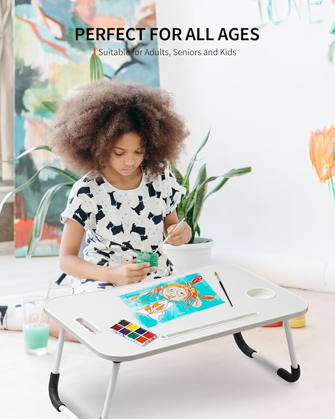 FISYOD Foldable Laptop Table, Portable Lap Desk Bed Table Tray, Laptop Stand with Cup Holder & Tablet Slot & Lifting Handle for Working Writing Drawing & Eating (White)