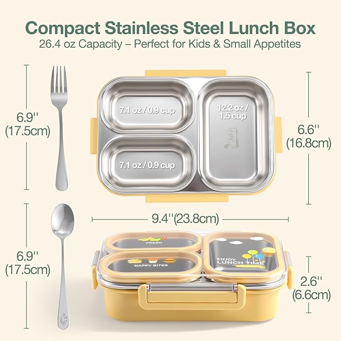 NUKied Stainless Steel Lunch Box for Kids & Adults, 3-Compartment Leak Proof Metal Bento Lunch Box with Fork & Spoon, 26.4 oz Airtight Food Storage Snack Container for School, Work, Travel (Yellow)