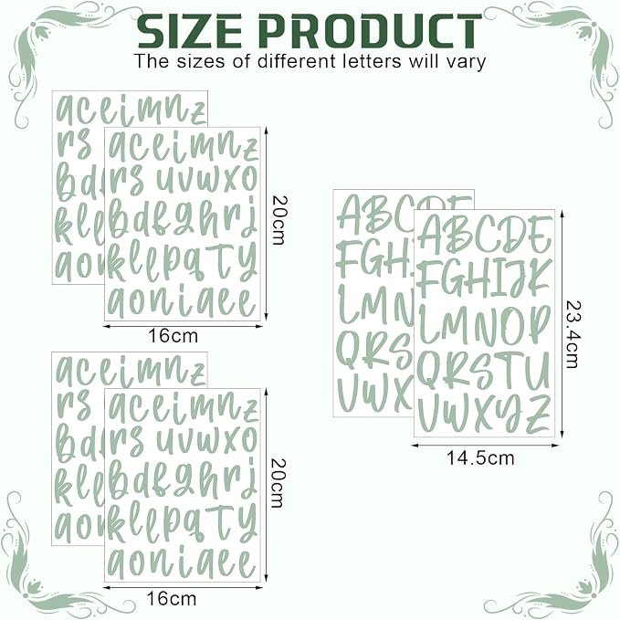 UV DTF Cup Wrap Letter Stickers Vinyl Decals,Sage Green,6 Sheets | Personalized Name Stickers for Water Bottles Tumblers, Waterproof UV DTF Alphabet A-Z Stickers for 14-45oz Mugs DIY Craft