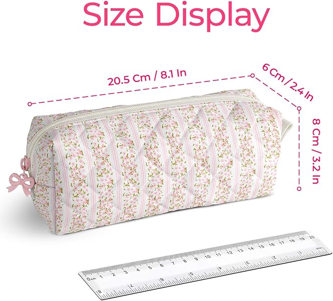 Cute Quilted Pencil Case for Girls Women, Aesthetic Small Floral Pencil Pouch,Slim Soft Pencil Bag for School Supplies Makeup Pouch for School & Daily Use (Floral Stripes)