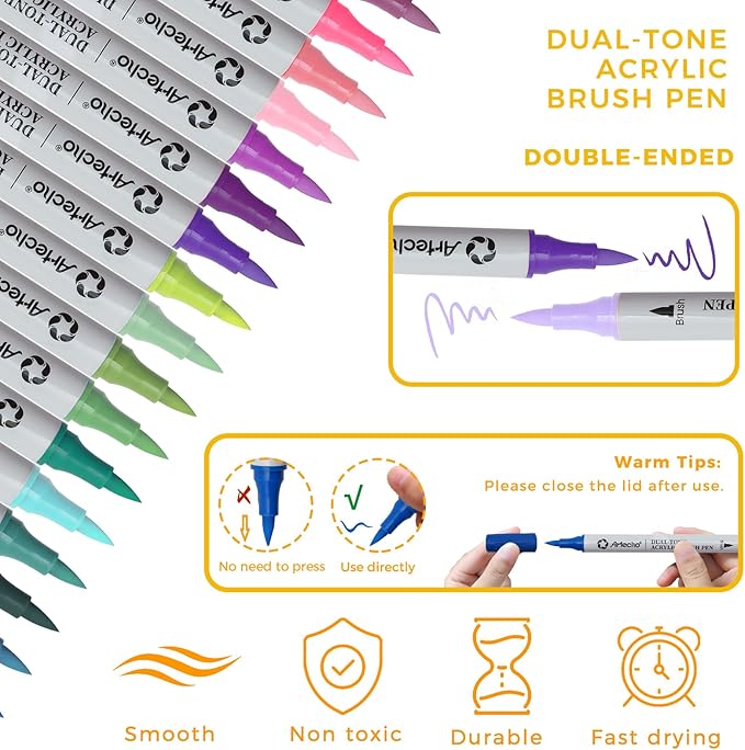 Artecho Acrylic Paint Markers 36 Pcs 72 Colors, Acrylic Paint Pens with with 0.5-5mm Brush Tip for Stone, Rock Painting, Paper, Pumpkin, Wood, Egg, Canvas, Ceramic, Fabric, leather, Glass, DIY Crafts