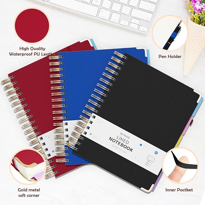 3 Packs Hardcover Spiral Notebook, B5 Journal with Removable Dividers Tabs, 5 Subject Notebook College Ruled, 200 Pages 8"x10" Leather Notebooks for Work School Study, Lined Journal for Women(Red/Blue/Black)