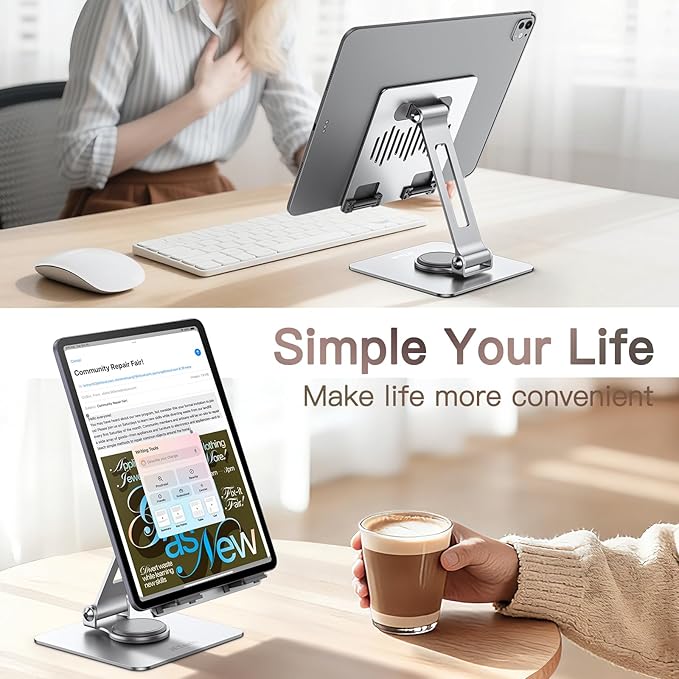 JETech Tablet Stand, Adjustable Swivel Desktop Holder with 360 Degree Rotating Base, Foldable Cradle for iPad/iPad Air/Pro/Mini, Galaxy Tab A11/A9/S11/S10 FE, Tab/Phones(4-13"), Silver