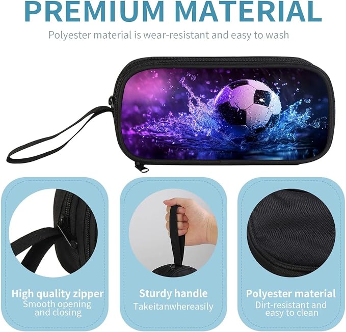 Firmiso Kids Pencil Case, Soccer Water Splash Graphic, Large Capacity Double Zipper Pencil Pouch with Compartments, Durable Polyester Stationery Organizer, Pen Bag for Boys Girls Teens