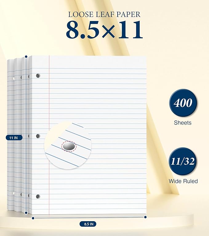 400 Sheets Loose Leaf Paper Wide Ruled Filler Notebook Paper 8.5 x 11 Binder Paper, Wide Ruled Paper Lined Paper, Filler Paper 8-1/2" x 11" Writing Paper with Lines, 3-Hole Punched Fits 3-Ring Binder