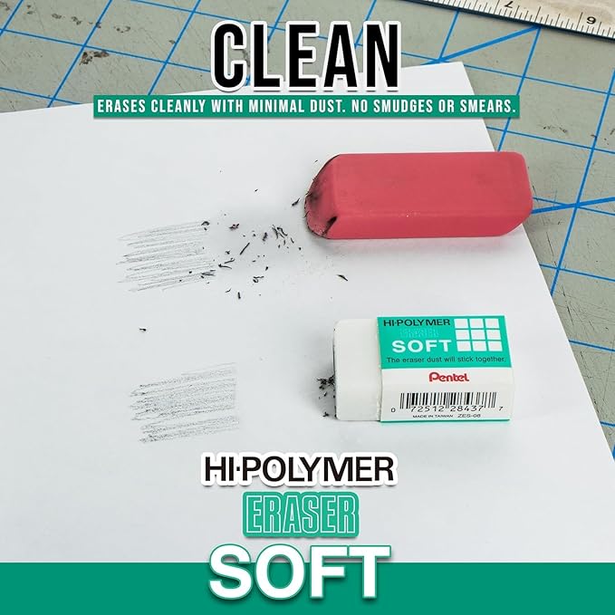 Pentel Clean Eraser, No Mess- No Residue, Hi-Polymer Soft Erasers for Pencils - White - 10 Pack - for Art, Office, and School use (10)