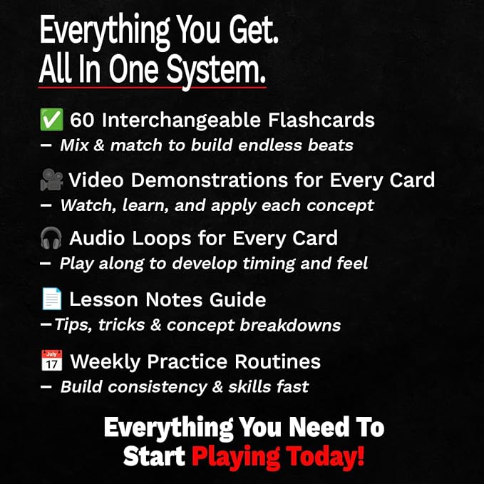 Drummer Flashcard & Video System – Learn Drum Beats, Fills & Stick Control Faster Than a Book | 60 Color-Coded Cards + Video Demonstrations + Audio Loops | Beginner to Intermediate
