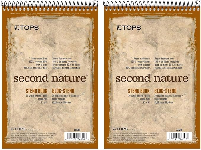 Tops Second Nature Spiral Steno Books, Recycled, 6 x 9 Inches, Gregg Rule, Tan Cover, 70 Sheets Per Book (74690) (Pack of 2)