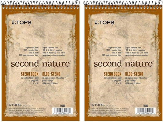Tops Second Nature Spiral Steno Books, Recycled, 6 x 9 Inches, Gregg Rule, Tan Cover, 70 Sheets Per Book (74690) (Pack of 2)