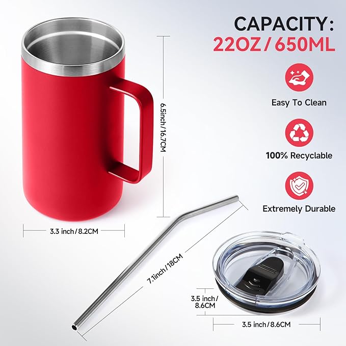 Volhoply 22oz Insulated Stainless Steel Coffee Mugs with Leakproof Lid Bulk 2 Pack,Double Wall Vacuum Travel Coffee Cup with Handle,Reusable Metal Tumbler,Camping Mug Keep Hot&Cold(Mix,2)
