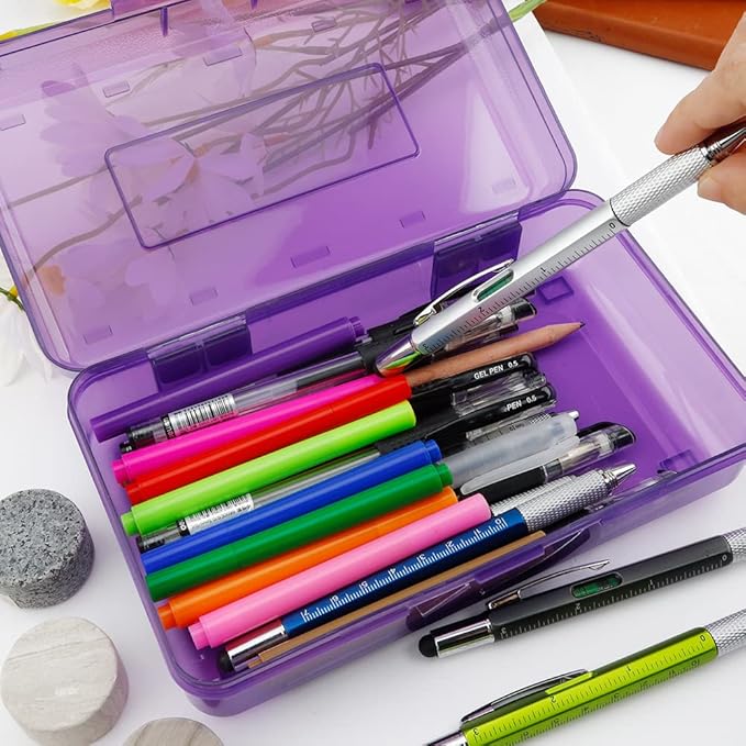 Pencil Case, Pencil Box, Clear Pencil Case, 2 Pack Plastic Pencil Case, Large Pencil Case, Clear Crayon Box with Snap-tight Lid Stackable Design, Plastic Storage Box for Office Supplies, Purple+Blue