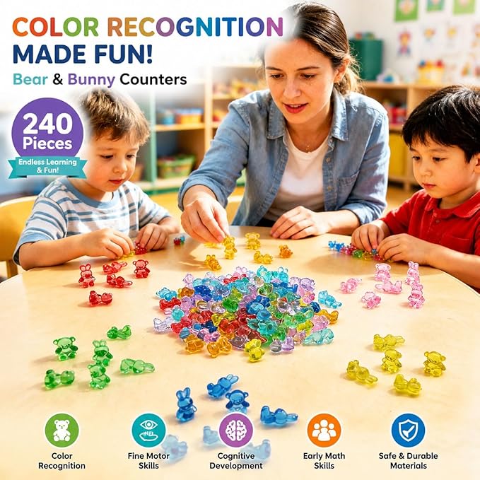 Counting Bears and Bunnies,240 Pieces Counter Toys for Kids - Fun Educational Math Manipulatives with Storage Box for Counting & Learning