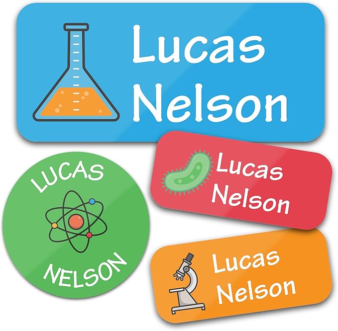 Bunny Badges Personalized Daycare Name Labels for Kids (130 Labels) - Custom Waterproof Name Stickers for Clothing Tags, Water Bottles, Lunch Boxes and School Supplies (Science)