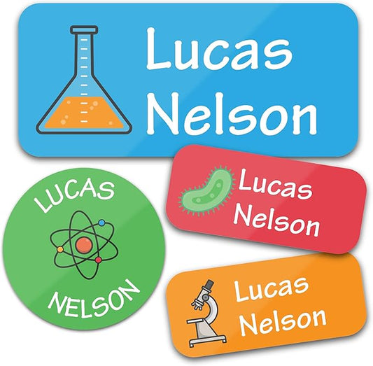 Bunny Badges Personalized Daycare Name Labels for Kids (130 Labels) - Custom Waterproof Name Stickers for Clothing Tags, Water Bottles, Lunch Boxes and School Supplies (Science)