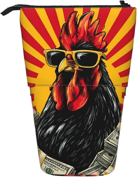 Funny Rooster Kids Standing Pencil Case Girls Boys Telescopic Stationary Pouch with Zipper Large Capacity Stand up Pen Bag Portable Makeup Holder for Children School Students Office Supplies