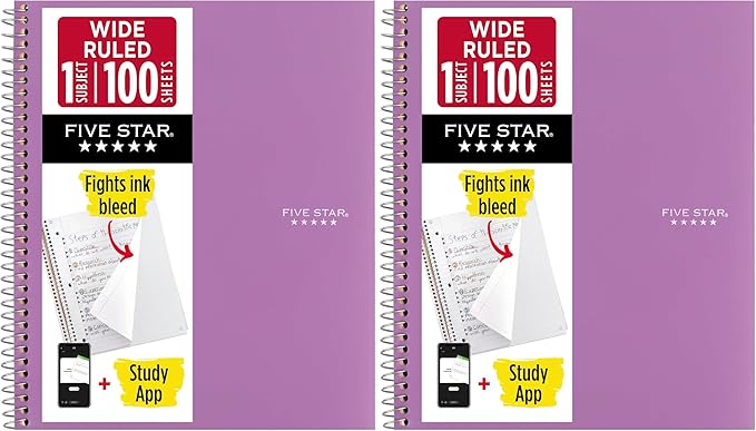 Five Star Spiral Notebook + Study App, 1 Subject, Wide Ruled Paper, 8" x 10-1/2", 100 Sheets, Fights Ink Bleed, Water Resistant Cover, Amethyst Purple (72351) (Pack of 2)