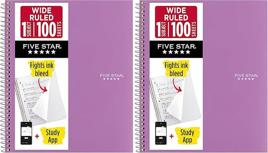 Five Star Spiral Notebook + Study App, 1 Subject, Wide Ruled Paper, 8" x 10-1/2", 100 Sheets, Fights Ink Bleed, Water Resistant Cover, Amethyst Purple (72351) (Pack of 2)