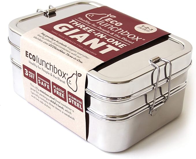ECOlunchbox Three-in-One GIGANTIC Bento Box (49oz) – 3 Piece Jumbo Stainless Steel Lunch Container – Plastic Free, Non Toxic, Nestable, Dishwasher-Safe for Big Appetites, Not Leak-Proof