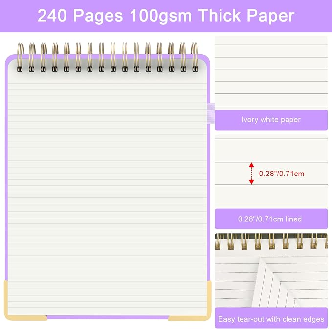 Mousbull A4 Top Spiral Notebook, Tree Pattern Large Leather Hardcover Left Handed Journal, 240 Pages 100 Gsm Lined Paper Top Bound Steno Pads for Work, School, Travel Writing - Purple, 8.5" x 11"