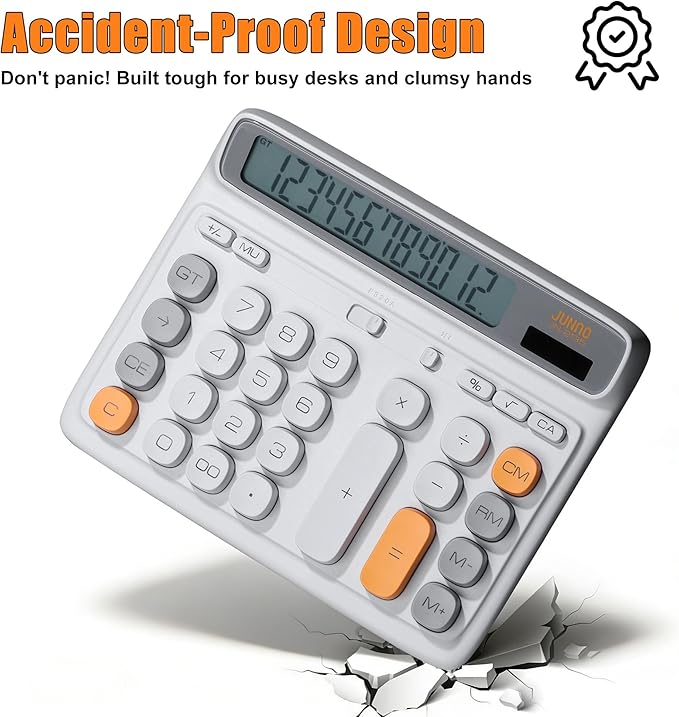 12-Digit Desktop Calculator, Modern Color-Clash Aesthetic Design, Dual Power (Solar & Battery), Ergonomic Tilted Large LCD Display for Office, School and Accounting (Silver)