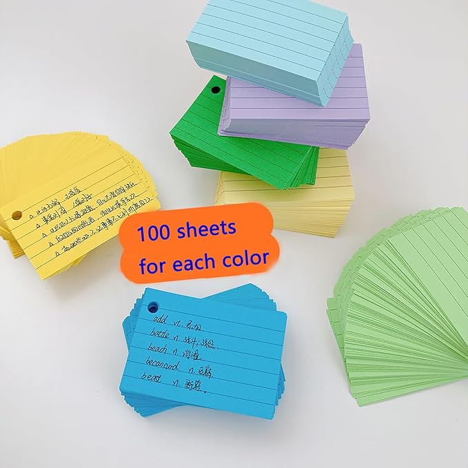 10 Colored Index Cards 2x3 Inches Flash Cards 1000pcs Lined Ruled Study Card for Learning, Studying Memory Office College Recipe Game Cards