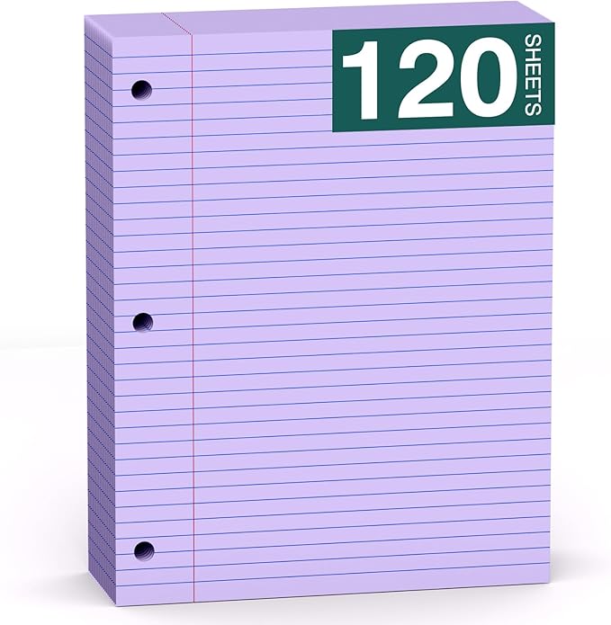 Purple Note Pads 8 X 10.5 Loose Leaf Paper, 120Sheets, 3 Hole Punched Lined Paper, College Ruled 8 X 10.5 Notebooks, 10-1/2" X 8 Binder Writing Pads, Filler Paper for Office, School Supplies