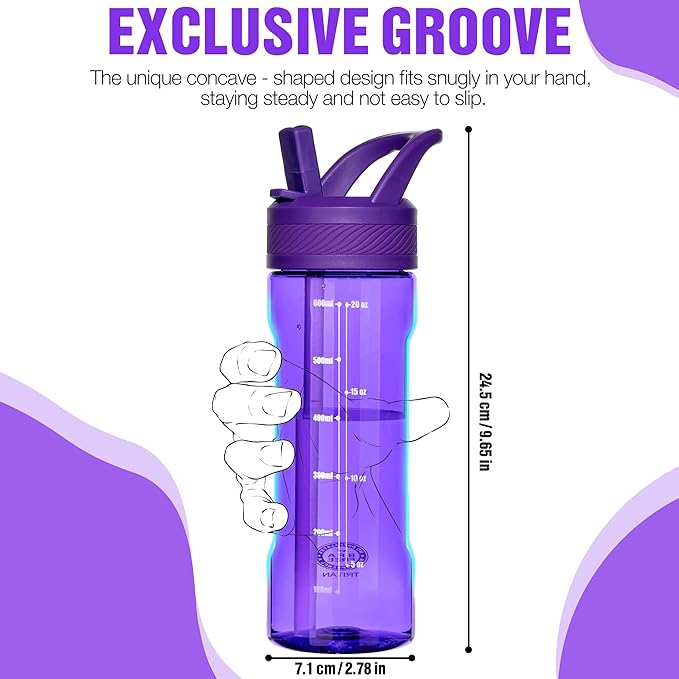 OLDLEY 20oz Kids Water Bottle with Straw, BPA-Free Tritan Water Bottle for School, Leakproof Clear Water Bottle with One Click Open, Measurement Scale, Cup Holder Friendly for Boys Girls,Deep Purple