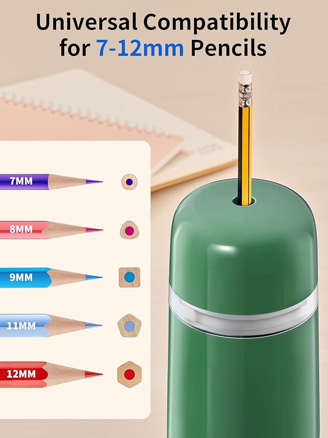 JARLINK Automatic Electric Pencil Sharpener - Hands-Free Operation, 3 Sharpness Modes, 3-Second Sharpening, Rechargeable & Portable for 7-12mm Pencils, Ideal for Classroom and Home Use (Green)