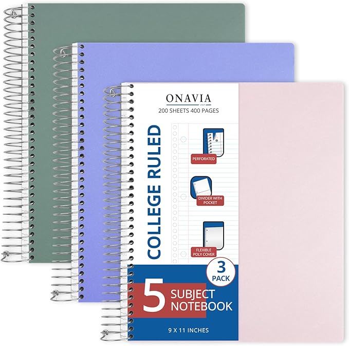 ONAVIA 5 Subject Spiral Notebook, 3 Pack, College Ruled, 9 x 11 in, 200 Sheets Each, Poly Cover School Notebooks for Study, Homework and Test Prep, Green, Pink, Cornflower