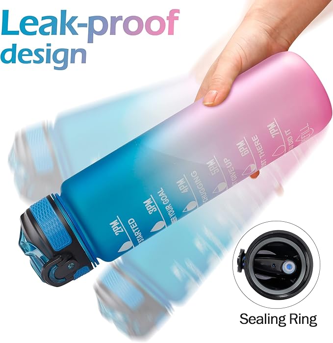 YC Kitchen Motivational Water Bottle with Time Marker - 32oz, Leak-proof BPA Free Sports Water Bottles with Straw & Carrying Strap