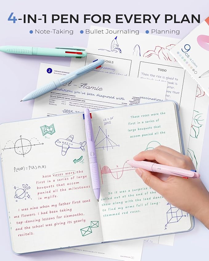 Four Candies Multicolor Pens, 4-in-1 Retractable Gel Ink Pens, 9 Count | Retractable Multi Color Pens Fast Dry, Smooth Writing for Planners and Journaling, Nurse Accessories for Work