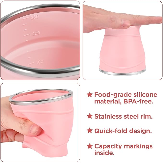 Silicone Collapsible Travel Cup with Dustproof Lid, 8.8 Oz/260ml BPA-Free, Portable Reusable Foldable Cup for Camping, Picnic, Travel, Office (Pink)