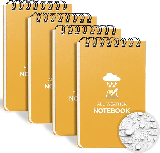 COIDEA Waterproof Notebook, 4 Pack Top-Spiral Pocket Notepad, 3" x 5" Weatherproof NotePad, All Weather Police Pocket Notebook Little Memo Steno Note Pads for Outdoor Office School Recording, Yellow