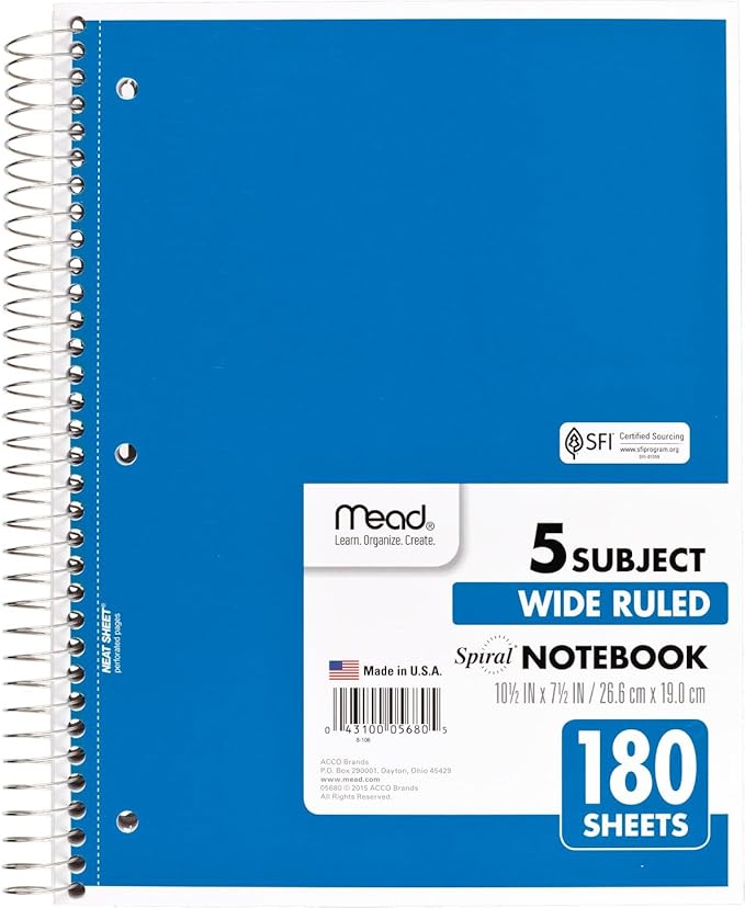 Mead Spiral Notebook, 5 Subject, Wide Ruled Paper, 7-1/2"x 10-1/2", 180 Sheets, Color Will Vary (930205-25)